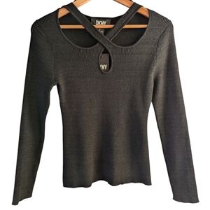 2/$20 DKNY KeyHole Ribbed Longsleeve Black Gold Sparkled Top Size Large NWT